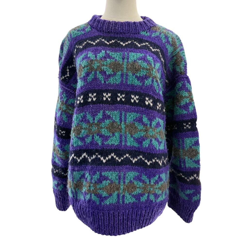 Vintage 80s Artesanias Conejo Ecuador Wool Sweater Purple Blue Women's M
